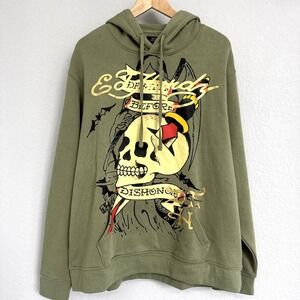Ed Hardy Death Before Dishonor Army Green Pullover Hoodie Men Size L Tattoo Y2K